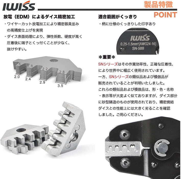 精密同時圧着ペンチ ラチェット式 オープンバレル端子 EDMカット品 0.25〜1.5mm²小・中型端子対応 SN-58BE