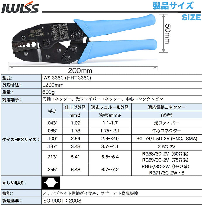 光ファイバー 同軸 コネクター 圧着工具 IWS-336G