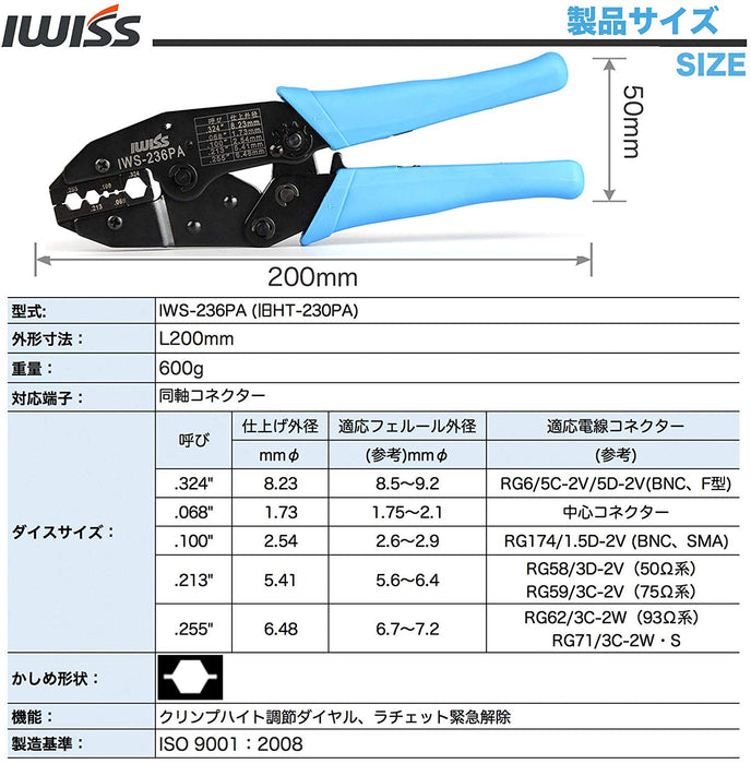 同軸コネクター BNC F型コネクタ 圧着工具 IWS-236PA