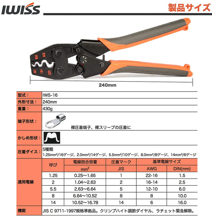 裸端子圧着工具 1.25-16.0sq対応 IWS-16