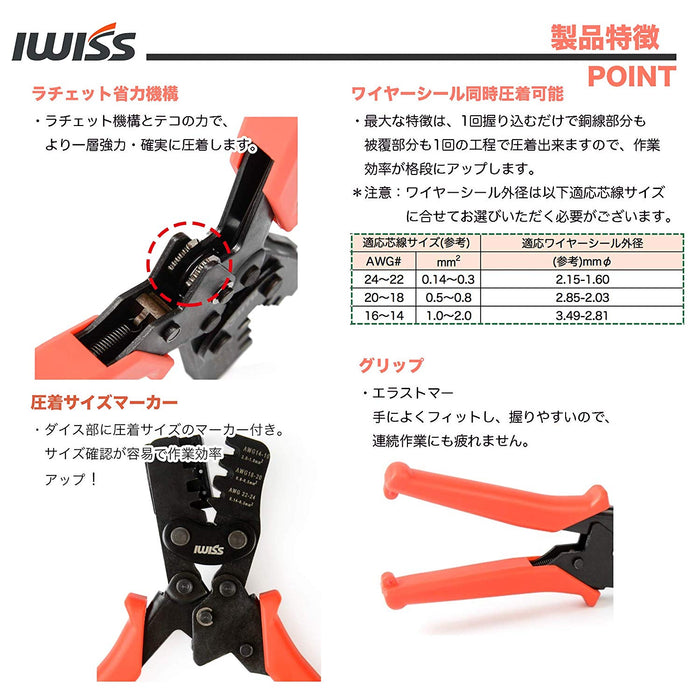 同時圧着ペンチ 防水型カプラー端子用 0.14-2.0mm²対応 IWS-1424BN