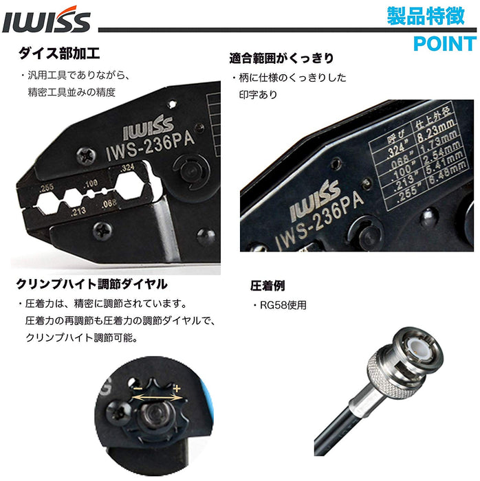 同軸コネクター BNC F型コネクタ 圧着工具 IWS-236PA