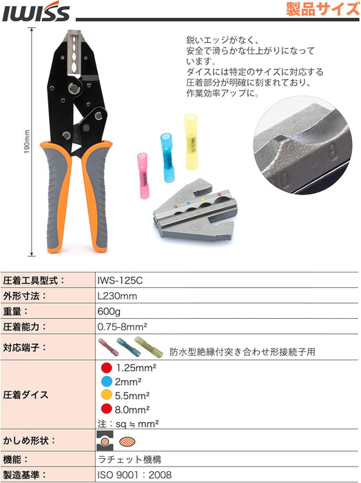 突き合わせ形接続子 専用 圧着工具 CE1/CE2/CE5/CE8 IWS-125C