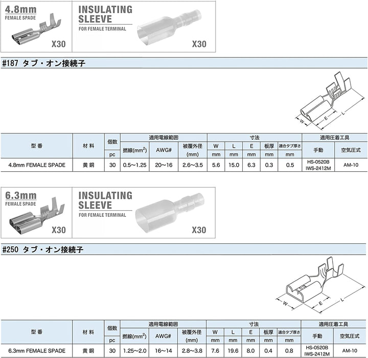 平型端子 スリーブ 110型 187型 250型 メス E-120