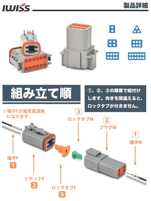 DTコネクタ オス メス 防水カプラー 2極3極4極6極8極12極 ロック付き ハーレー 端子 LED作業灯 ワークライト 取付 車配線 コネクター 14-20AWG NK-94