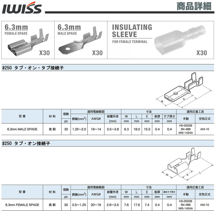 アイウィス(IWISS) 平型端子 スリーブ オス・メス 計270点 配線作業に オープンパレル端子 同時圧着ペンチ SN-48B + 270KIT