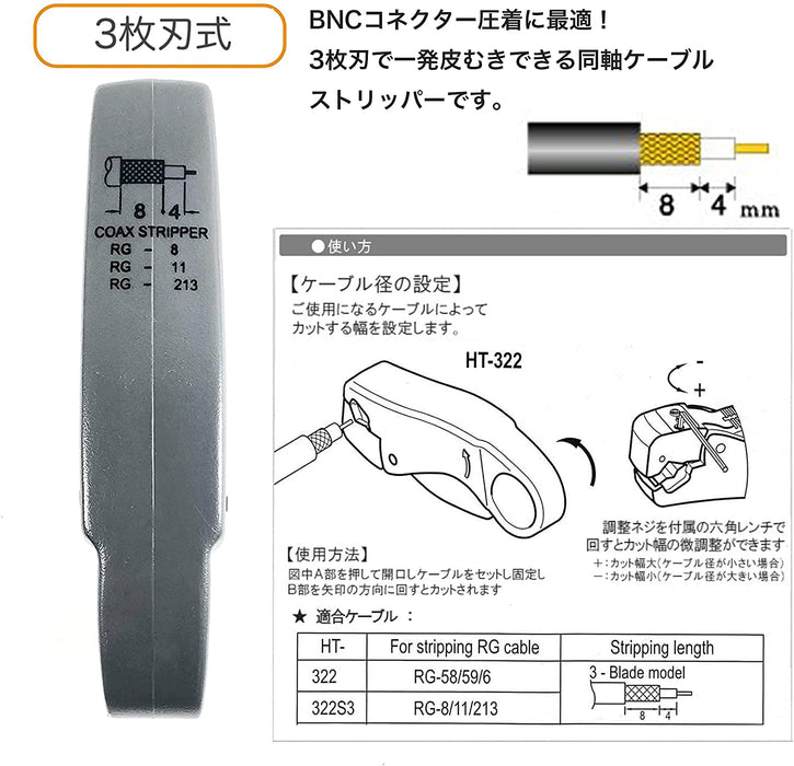 同軸ケーブルストリッパー 3枚刃  取扱説明書付 TL-322（HT-322）