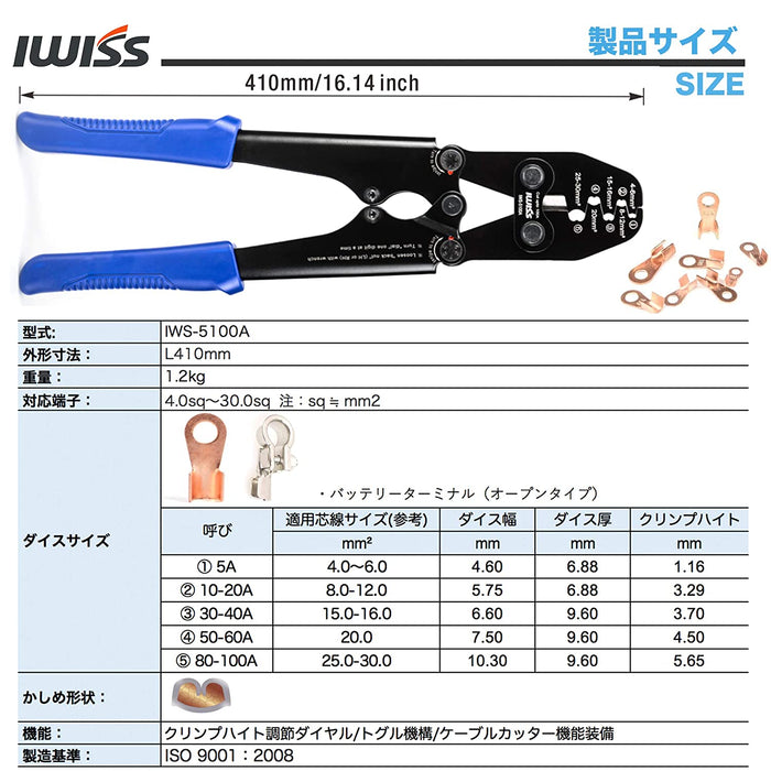 バッテリーターミナル 圧着ペンチ 4.0-30.0mm2 IWS-5100A