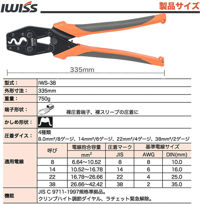 裸端子圧着工具  8.0-38.0sq対応 IWS-38