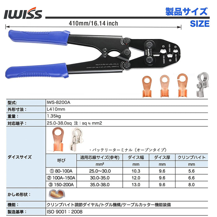 バッテリーターミナル圧着ペンチ 25.0-38.0mm2対応 IWS-8200A