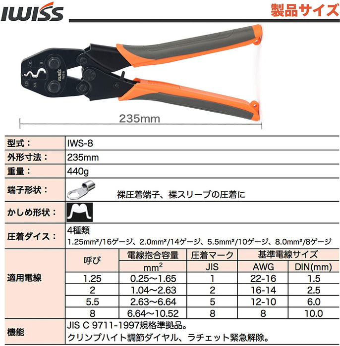裸端子圧着工具  1.25-8.0sq対応 IWS-8