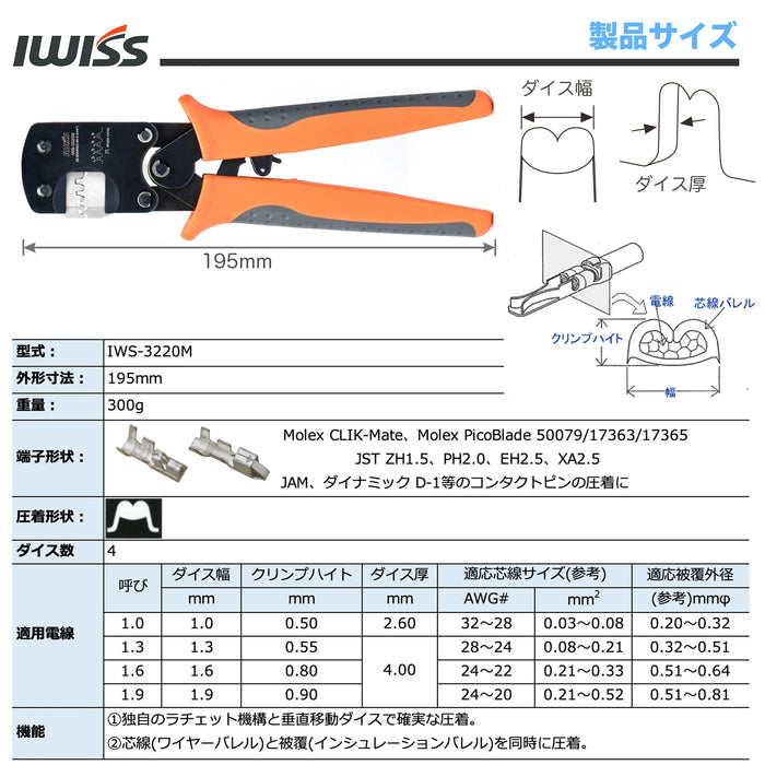 JSTコネクタ用圧着ペンチ  0.03-0.5mm² 極小端子対応 IWS-3220M