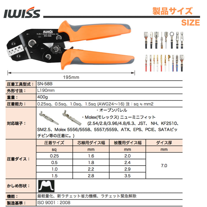 精密同時圧着ペンチ｜オープンバレル端子 0.25–1.5mm²対応｜SN‑58B
