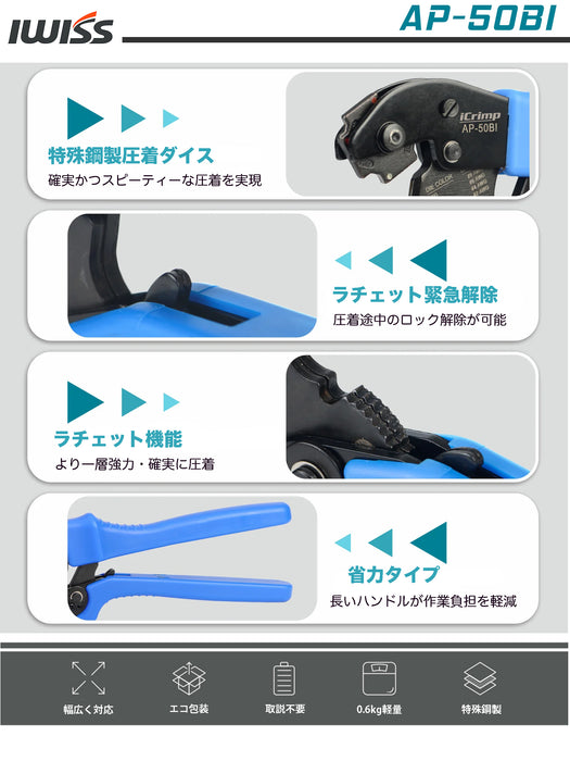 裸端子 板タイプ バッテリーターミナル 圧着ペンチ ロータリーダイス式 8-38sq対応 AP-50BI
