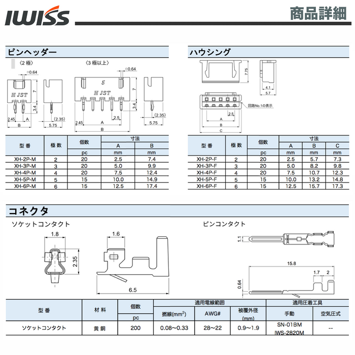 XH型端子 2.54mmピッチ ハウジング セット 精密圧着ペンチ IWS-2820 + 500KIT