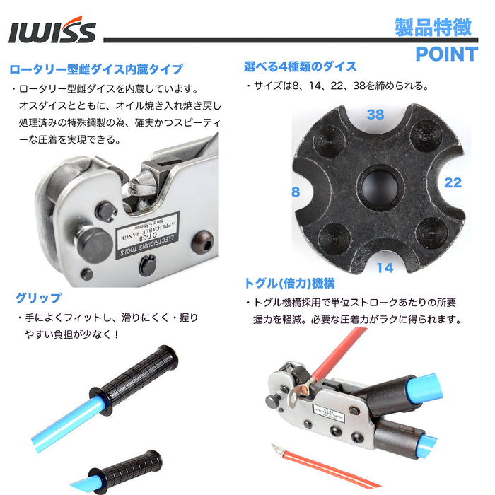 強力型圧着工具 裸圧着端子 裸圧着スリーブ かしめ工具 8.0sq-38sq CT-38