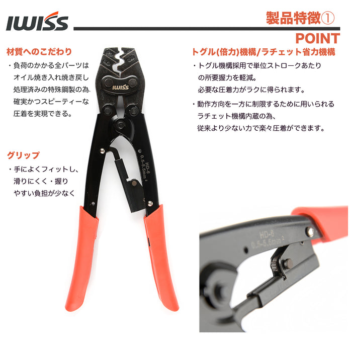 裸圧着端子 裸圧着スリーブ 圧着工具 0.5-6.0sq対応 HD-6