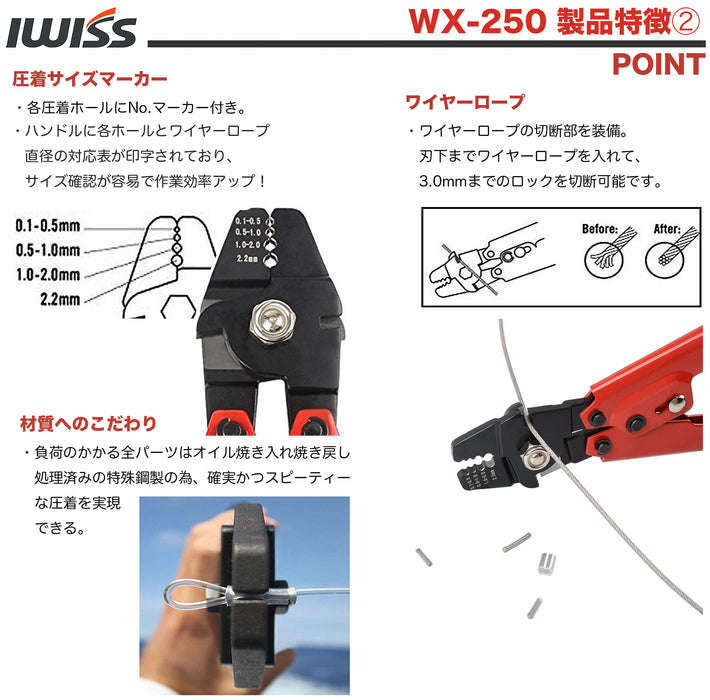 ワイヤークランプカッター ワイヤーロープカッター アルミスリーブ かしめ機 φ0.1mm-φ2.2mm圧着 WX-250R