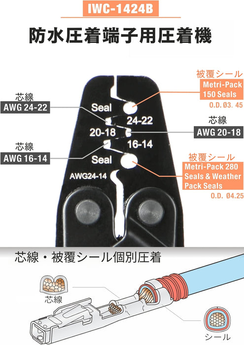 圧着ペンチ 自動車用 Tyco Delphi 防水コネクタ オープンバレル バイクコネクター 圧着ペンチ 0.2-2.0mm2対応 IWC-1424B