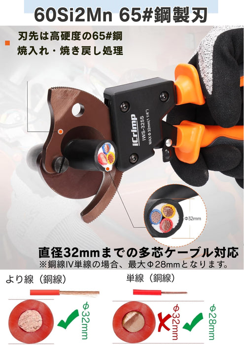 ラチェット 太物 ケーブルカッター 電線サイズ240sqまで 新型 IWS-325S