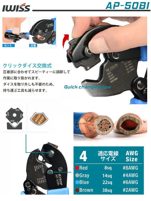 裸端子 板タイプ バッテリーターミナル 圧着ペンチ ロータリーダイス式 8-38sq対応 AP-50BI