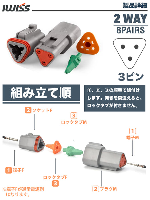 DTコネクタ オス メス 防水カプラー3極 8組 ロック付き ハーレー 端子 LED作業灯 ワークライト 取付 車配線 コネクター 14-20AWG NK-803