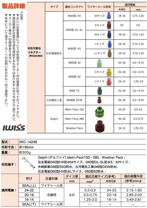 圧着ペンチ 自動車用 Tyco Delphi 防水コネクタ オープンバレル バイクコネクター 圧着ペンチ 0.2-2.0mm2対応 IWC-1424B